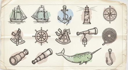 Nautical Symbols Collection Hand Drawn Vintage Style. © Keyu