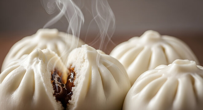 Macro close-up of freshly steamed Chinese buns with visible filling.