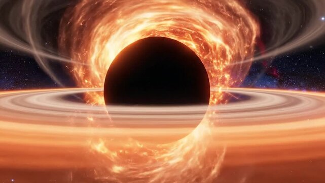 Abstract black hole illustration with swirling light and cosmic dust in deep space.