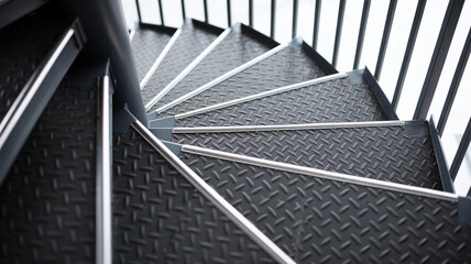 Naklejka premium A minimalist perspective of a modern black and white staircase featuring sleek metal and glass construction within an urban office building's interior design