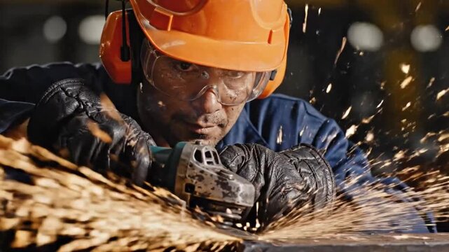 Professional industrial worker grinding metal with power tool creating flying sparks symbolizing safety precision craftsmanship and modern manufacturing industry