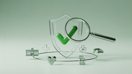 Concept of security and insurance verification with a magnifying glass and shield icon.