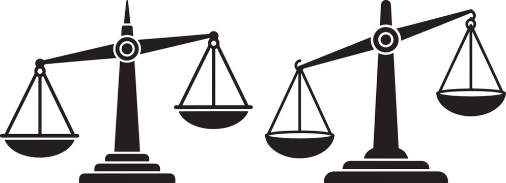 Black silhouette scales of justice, one balanced and one tipped, symbolizing law, fairness, and the judgment process.