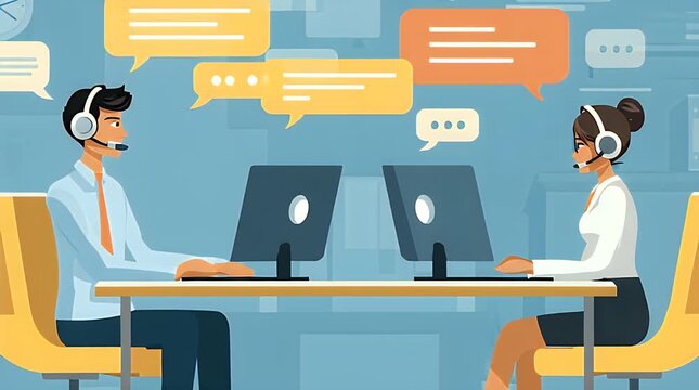 Two customer service representatives working at a desk with headsets and computers