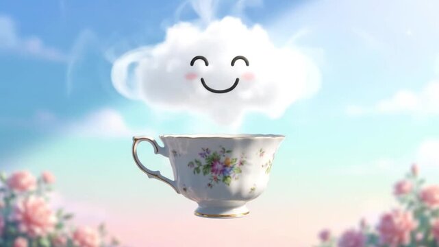 A whimsical image of a happy cartoon cloud steaming above a floral teacup, set against a soft blue and pink sky with blurred flowers.