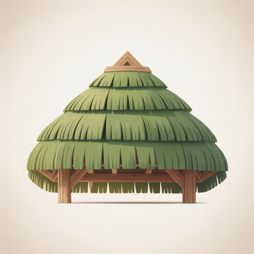 Illustration of a primitive tropical hut with a green thatched palm roof.