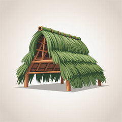 Illustration of a primitive tropical hut with a green thatched palm roof.