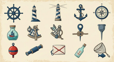 Nautical Maritime Objects Collection Vintage Style. © Ahmad