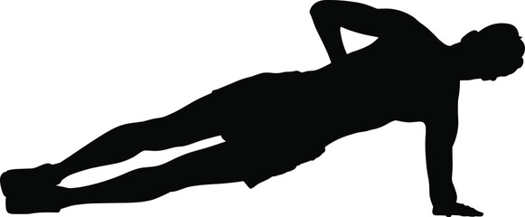 Fitness plank exercise silhouette, strong athlete core workout, bodyweight training pose, strength endurance concept, isolated white background
