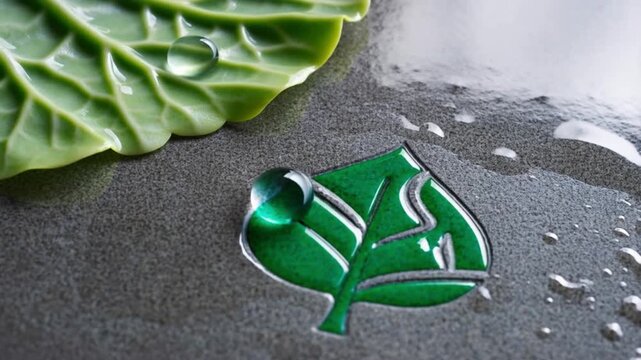 Water droplet rolls over a leaf shaped logo on a wet surface next to a real cabbage leaf on a dark background concept for clean and natural brand identity