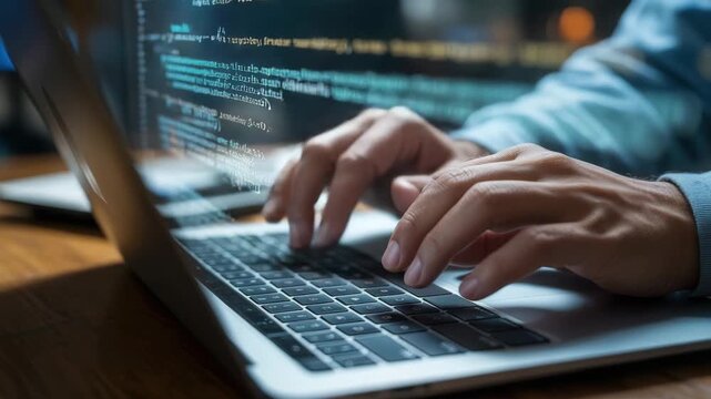 Close-up of person coding on laptop with blurred screen displaying lines of code