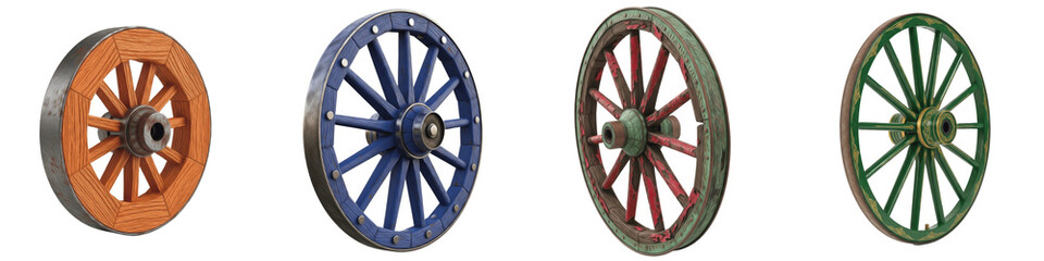 Fototapeta premium Set of Vintage Wooden Wagon Wheels, Colorful Antique Carriage Wheels Isolated on White Background