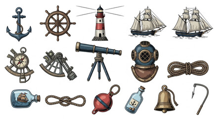 Nautical objects and maritime equipment collection illustration. © Ahmad