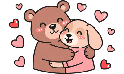 Fototapeta premium Adorable Bear and Dog Valentine Illustration