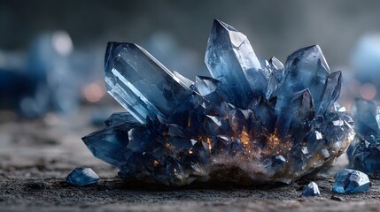 Obraz premium Jagged translucent blue crystals grow together with light reflecting off sharp facets to create an ethereal inner glow in a moody setting.