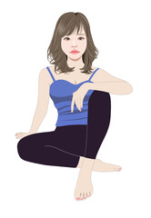 片膝を立てて座るウエーブヘアー少女イラスト