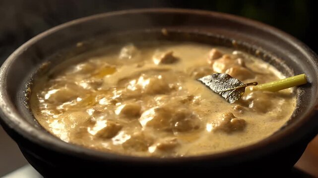 Authentic Chicken Curry Simmering in Earthenware Pot