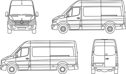 Delivery cargo van blueprint in clean vector line art, front, side and rear views, commercial transport vehicle template, technical outline for branding and design ©  Alexander Creations