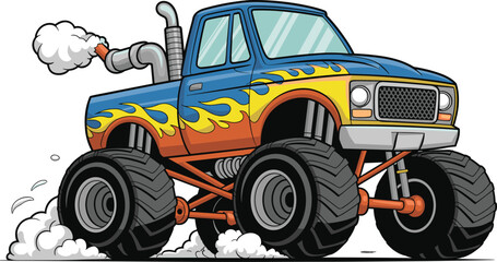 Monster truck with flames and big wheels, off-road racing vehicle cartoon illustration on white background ©  Alexander Creations