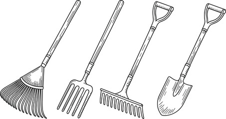 Set of four gardening tools in detailed vector line art, leaf rake, garden fork, wide tooth rake and digging shovel with wooden handles, editable ©  Alexander Creations