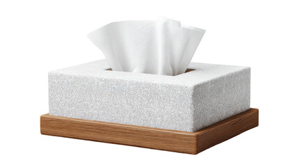 Tissues protruding from a fuzzy cube on wood base