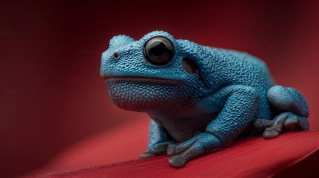 A blue frog sits on a red surface with a dark background looking left