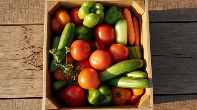 Top down view of a rustic wooden crate overflowing with assorted vegetables on a weathered wooden table in warm sunlight concept of abundant farm to table produce