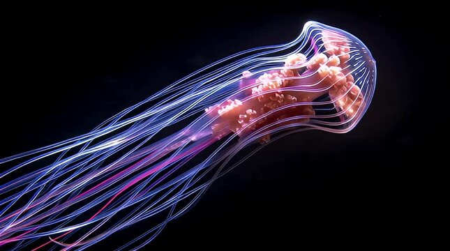 A jellyfish swims through dark water with tentacles flowing