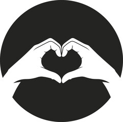 Fototapeta premium Black silhouette of hands forming heart shape, love symbol icon, unity illustration design, care compassion graphic art element