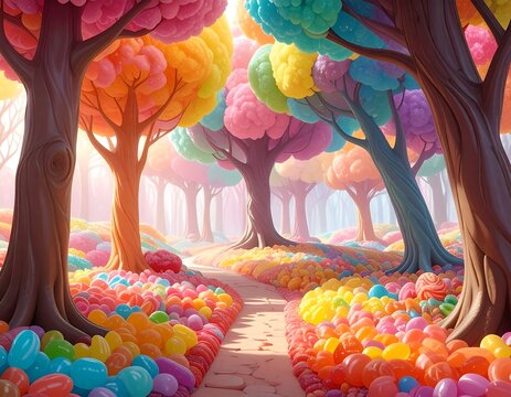 A whimsical path winds through a vibrant forest of candy-colored trees and a carpet of colorful, glossy, bean-shaped treats