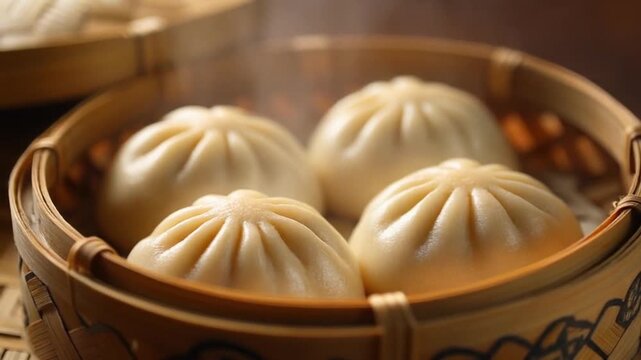 Steamed dumplings in a bamboo steamer on a table