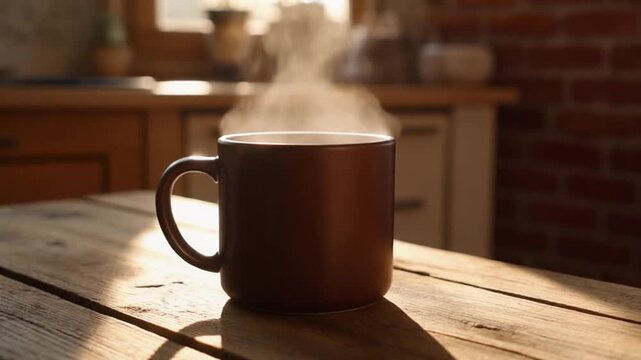 Steaming hot coffee mug on wooden kitchen table with sunny background