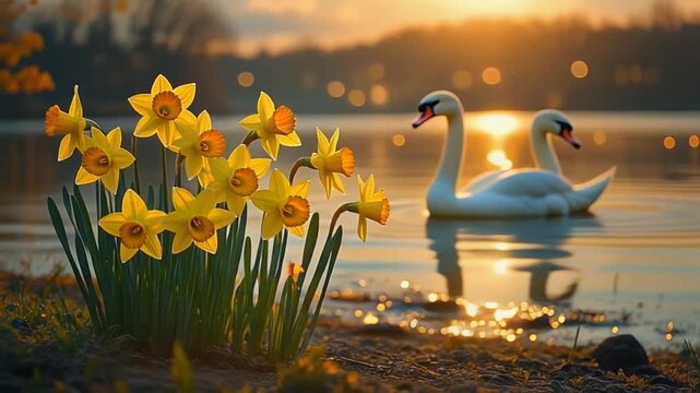 Swans gliding on serene lake at sunset with daffodils blooming