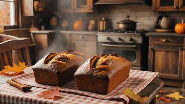 Two freshly baked loaves of pumpkin bread on a kitchen table with fall decorations