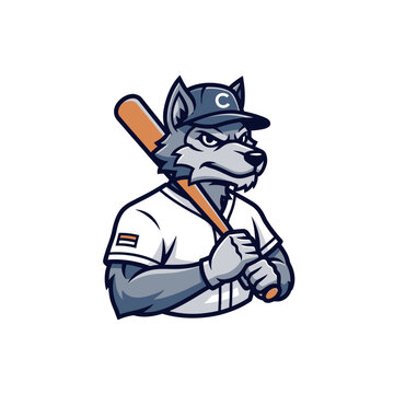 Cartoon Wolf Baseball Player Holding Bat Ready to Play.