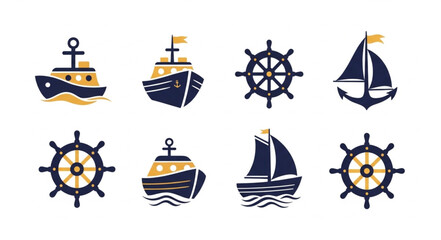 Nautical Icons Set Featuring Ships and Steering Wheels. © Cihu