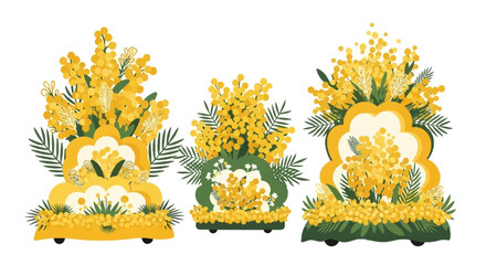 Illustration of three yellow mimosa flower arrangements with green leaves on decorative stands for a spring festival or celebration in a flat, isometric design. © Jangkrik