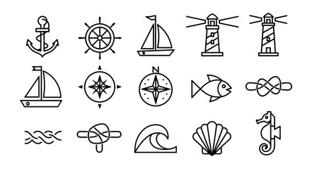 Nautical Icons Set Featuring Anchor Ship Wheel Lighthouse and Fish. © Cihu
