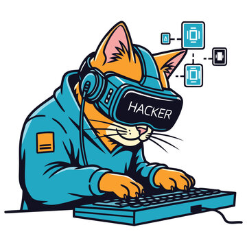 A playful cat hacker immersed in a virtual reality coding session with floating digital icons.