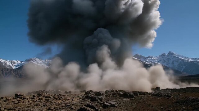 Volcanic eruption in mountainous terrain with smoke and ash cloud