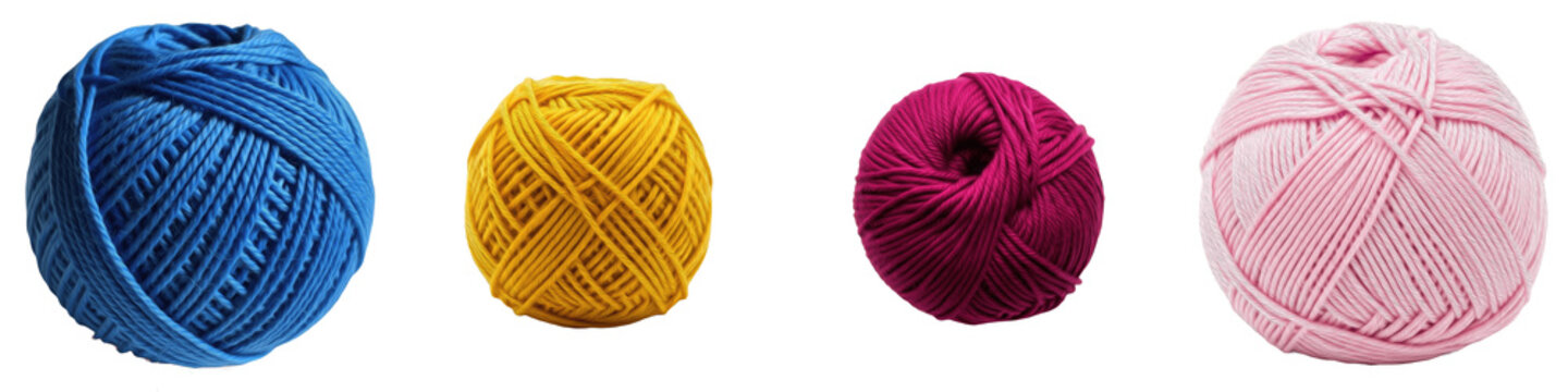 Set of colorful wool yarn balls in blue, yellow, magenta, and pink isolated on white background