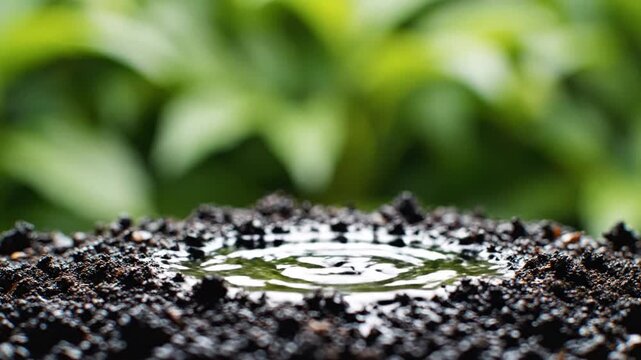 Water Droplet Splash on Dark Earth with Lush Greenery Background for Nature or Environmental Concepts