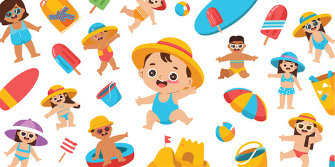 Cute Summer Beach Kids Vector Illustration Set with Babies Playing, Sandcastles, Surfboards, Umbrellas, Palm Trees, Seashells, and Fun Seaside Elements