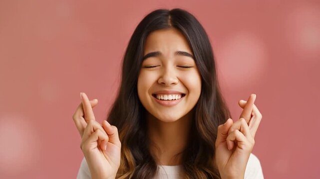 Woman Crossing Fingers Behind Blank Panel, Smiling and Wishing on Pink Background for Success or Luck