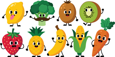Cute Fruit and Vegetable Character Icon Set with Happy Food Mascots for Kids Education and Healthy Eating © Creative design