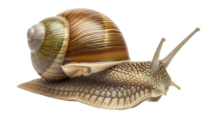 Close-up of a snail crawling with its shell on a white background