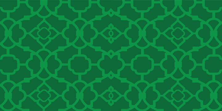 Green seamless Moroccan trellis pattern with ornate geometric symmetry. Decorative repeating background ideal for wallpaper, textiles, packaging, and elegant surface design. Rich ornamental style with