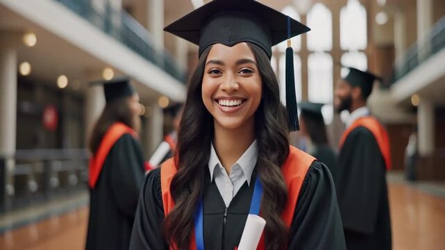 Young woman in graduation cap and gown standing in university hallway with classmates