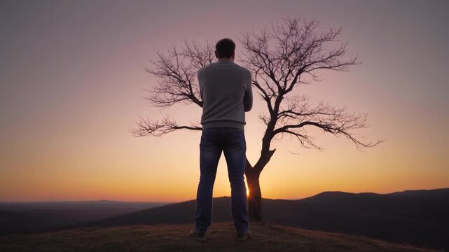 A man stands on a hill, looking out at a sunset behind a leafless tree with mountains in the distance