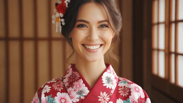 A smiling woman wearing a traditional Japanese kimono standing indoors with sliding windows and wooden lattice in the background